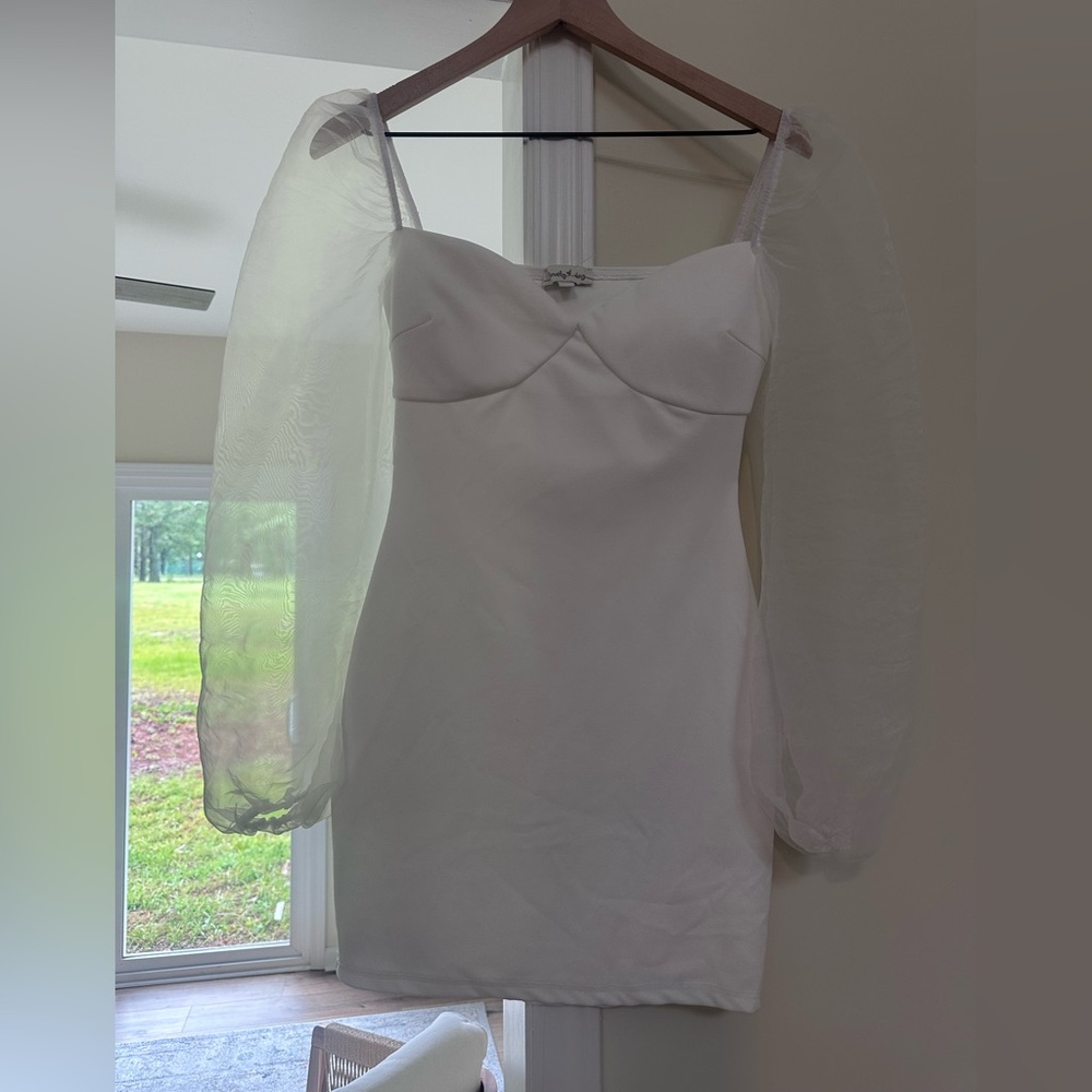 Lovely Day White Sheath Dress with Bishop Sleeves